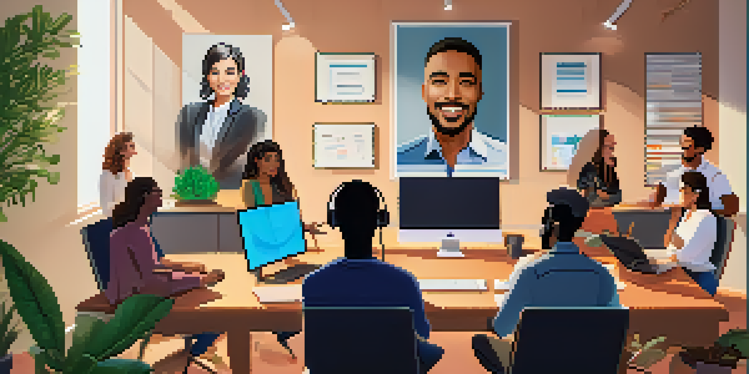 A diverse group of professionals engaged in a virtual meeting from their home offices, with a warm and inviting color scheme.