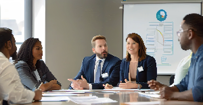 A group of diverse employees participating in an ethics training session in a bright conference room, with a facilitator presenting on a whiteboard.