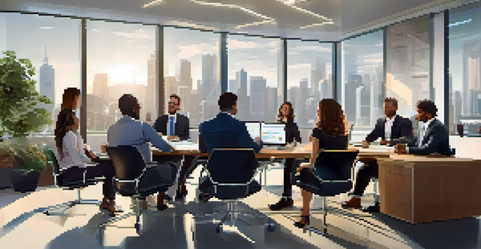 A diverse group of colleagues in a bright office engaged in a feedback session, with a digital screen displaying charts.