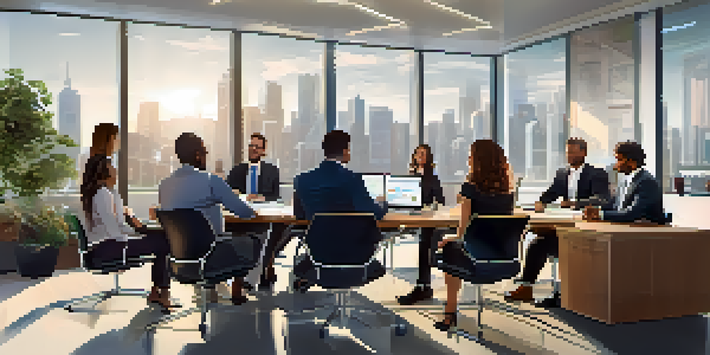 A diverse group of colleagues in a bright office engaged in a feedback session, with a digital screen displaying charts.