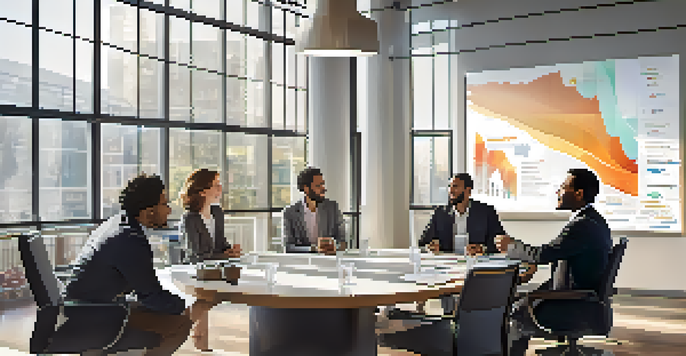 A group of diverse professionals discussing around a conference table, showing collaboration and positivity.
