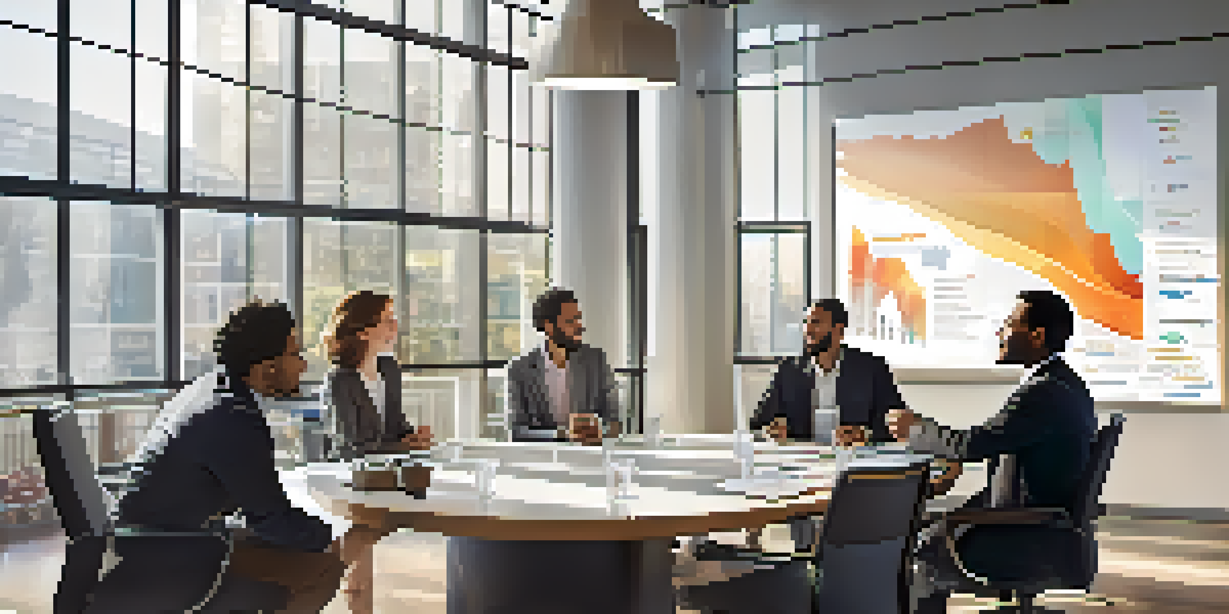 A group of diverse professionals discussing around a conference table, showing collaboration and positivity.