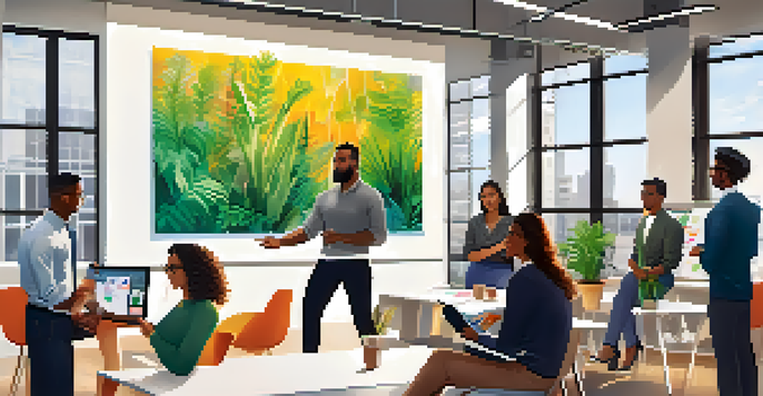 A diverse group of young professionals collaborating in a bright office space, with a whiteboard and sticky notes.