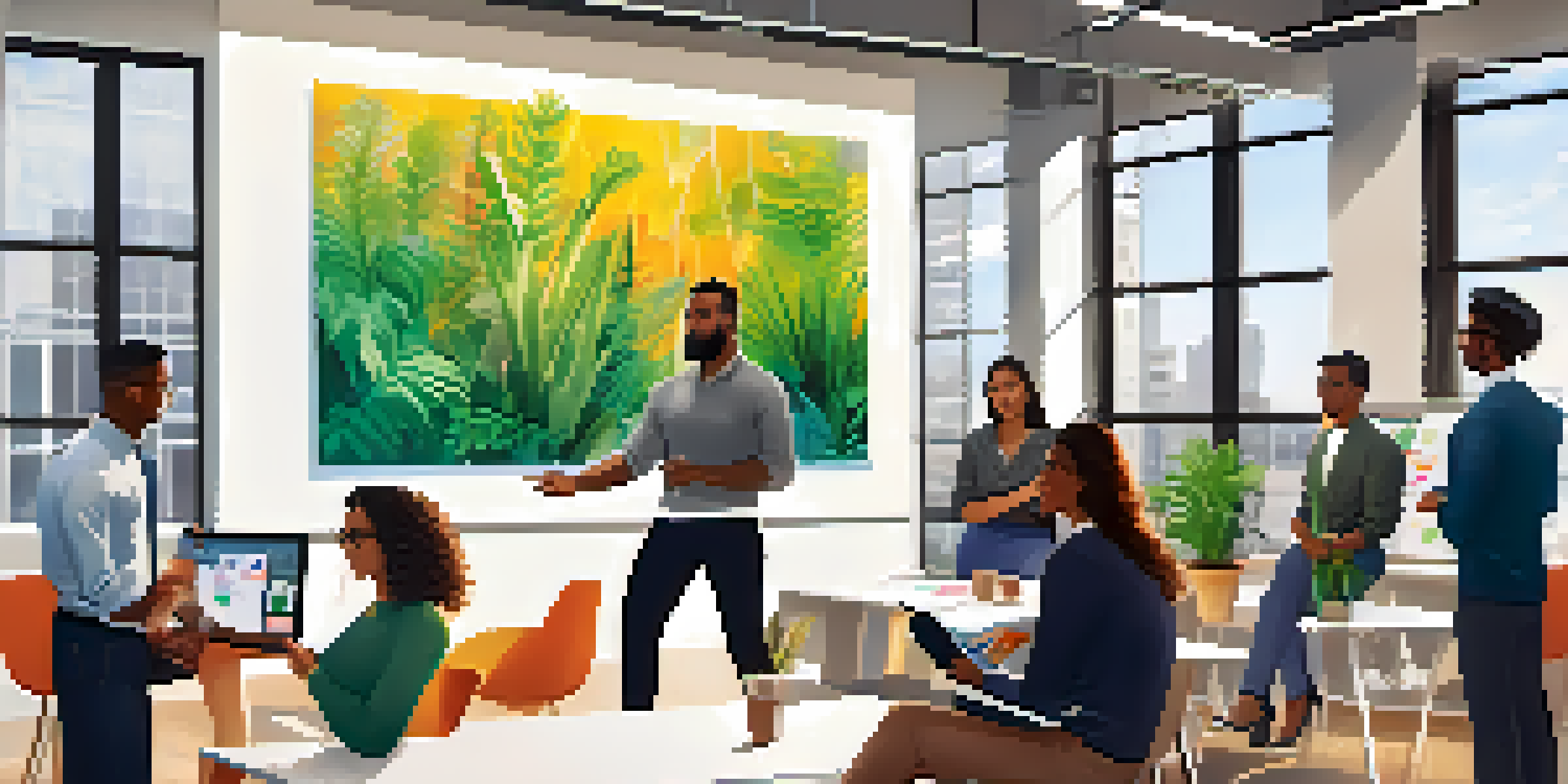 A diverse group of young professionals collaborating in a bright office space, with a whiteboard and sticky notes.