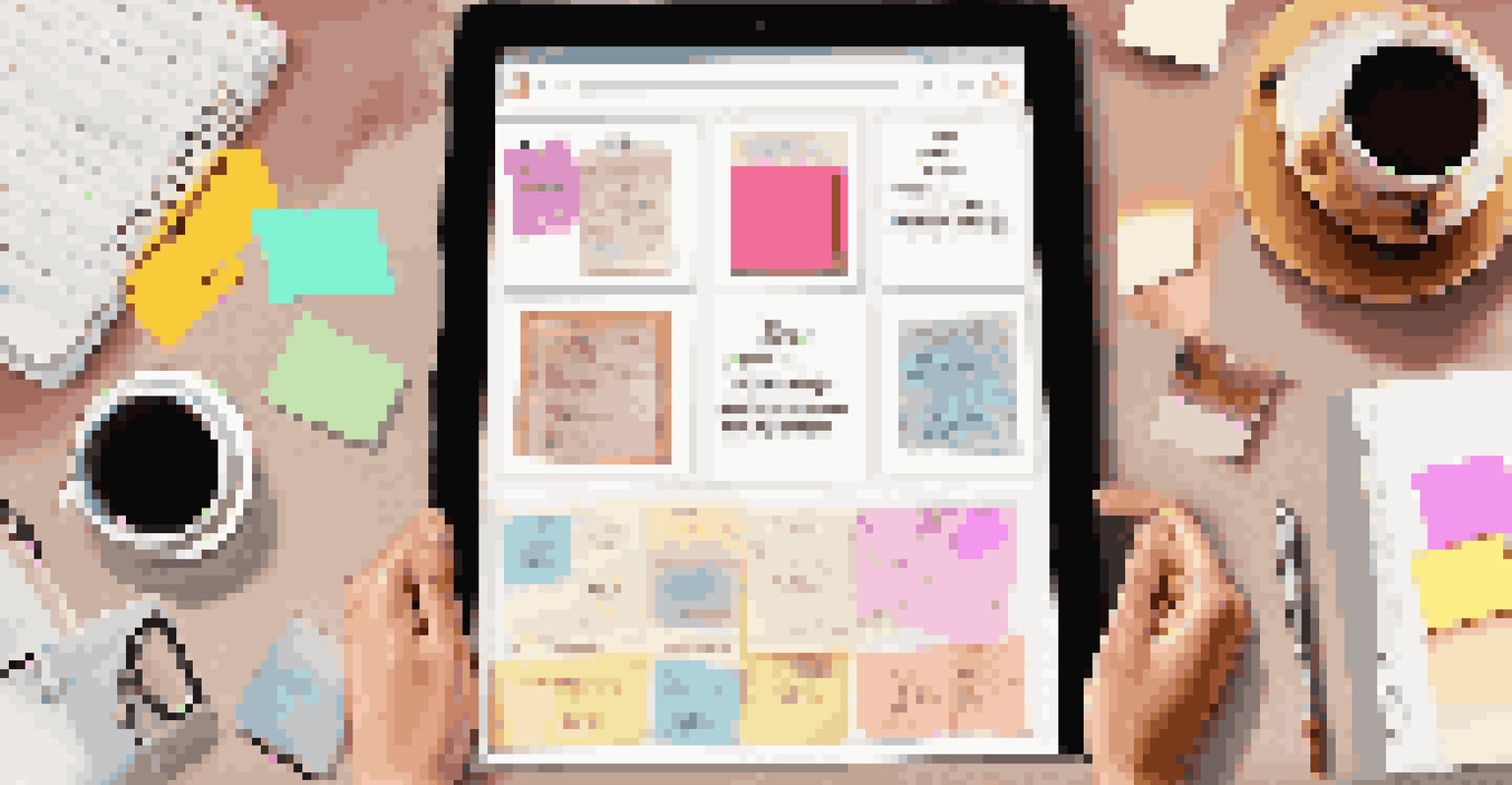An overhead shot of a tablet showcasing a Pinterest board filled with career development pins, surrounded by notebooks and a coffee cup.