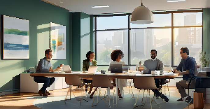 A diverse group of professionals collaborating in a bright office, showing positive body language and engagement.