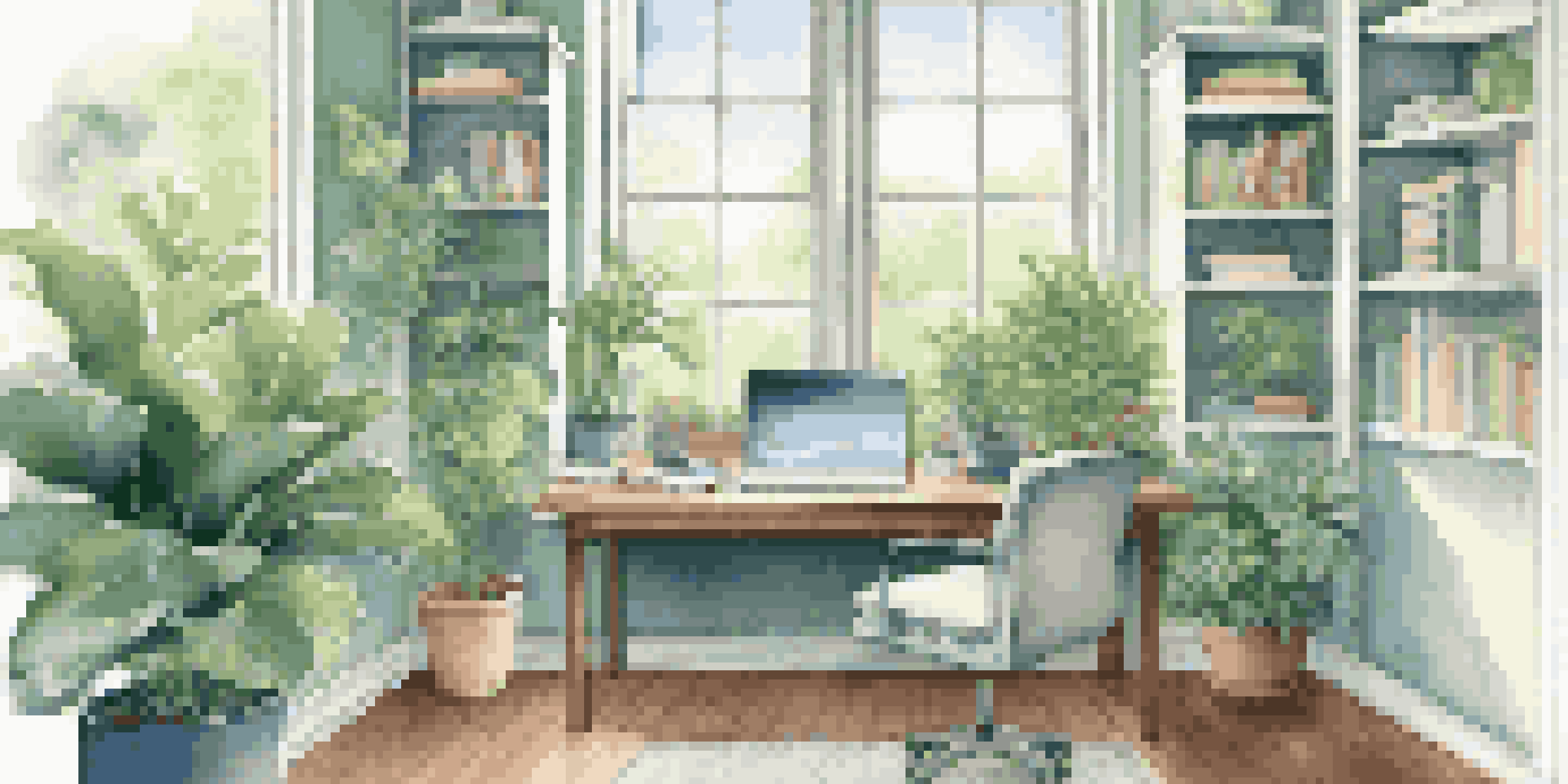 A bright office space with a view of a green garden, featuring a desk with a laptop and a plant.