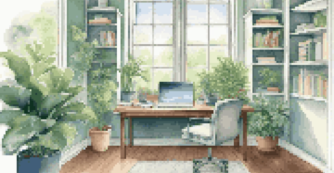 A bright office space with a view of a green garden, featuring a desk with a laptop and a plant.