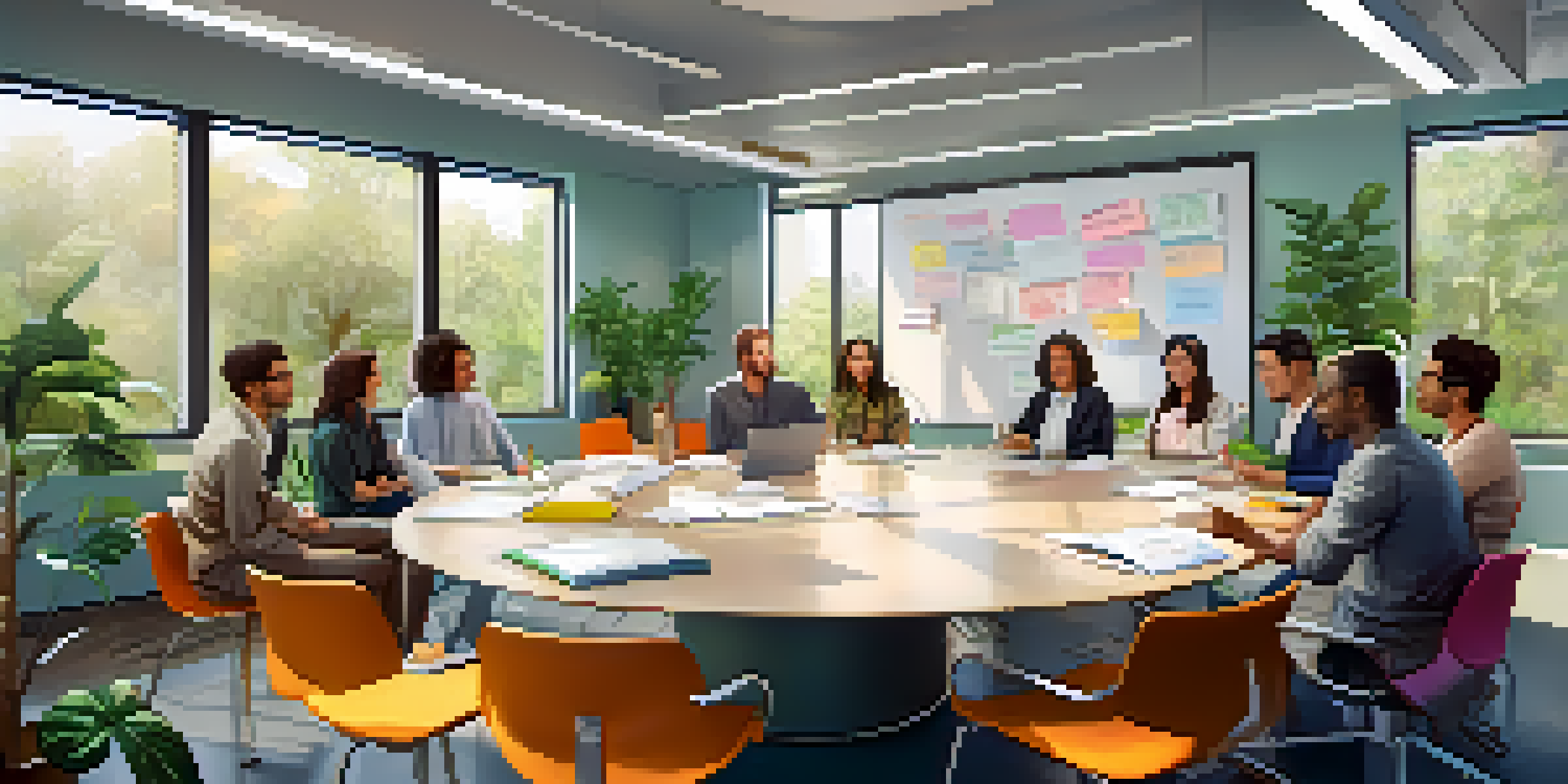 A diverse group of team members having an open discussion in a bright office with plants and a whiteboard.