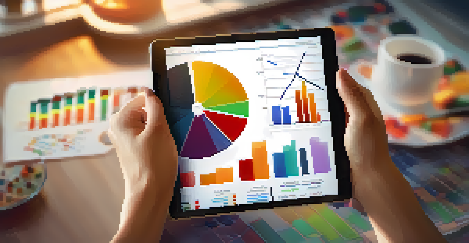 Close-up of hands holding a tablet with colorful pie charts and graphs, emphasizing data analysis.