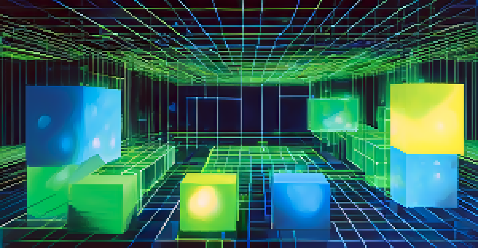 An abstract image representing blockchain technology with interconnected glowing blocks and a digital grid background.