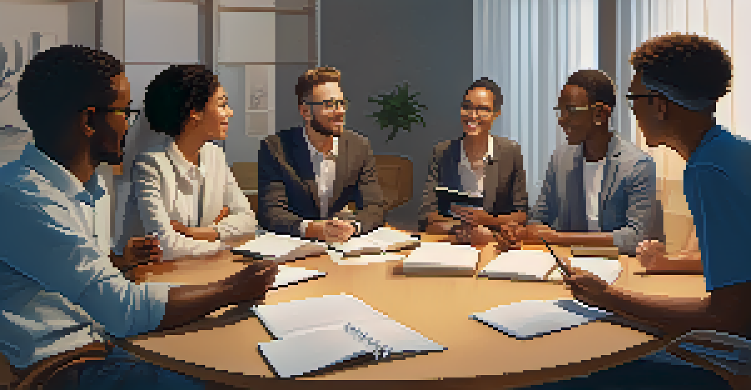 A diverse group of professionals discussing and supporting each other in a meeting room.