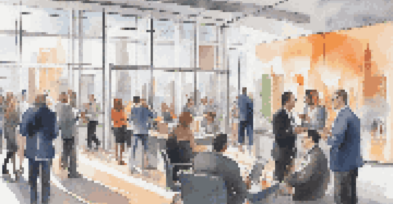 A vibrant professional networking event with people mingling and exchanging business cards in a modern office space.