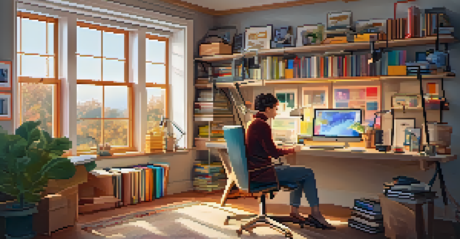 An individual creating content in a stylish home office filled with creative materials and warm lighting.