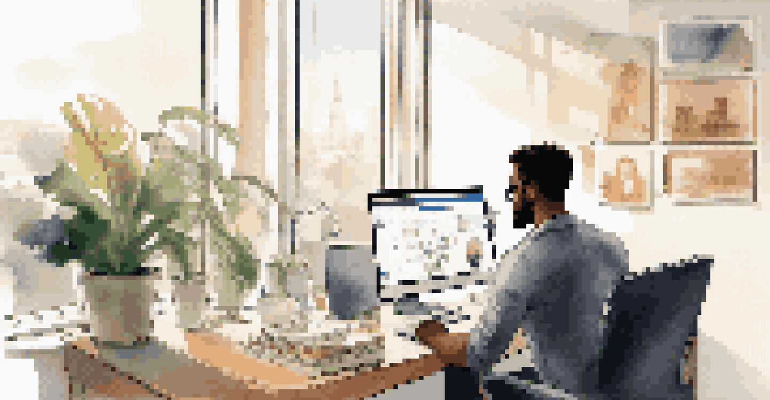 A person working on a laptop in a modern office, displaying a LinkedIn profile, with motivational quotes and a plant in the background.