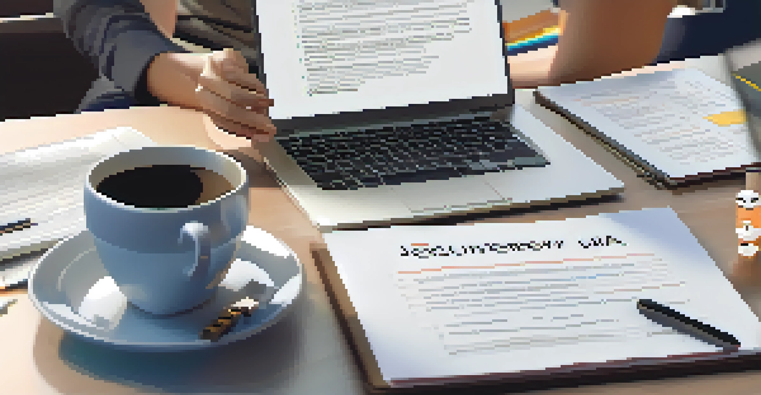 A detailed view of someone reviewing their resume at a desk with a laptop and notes.