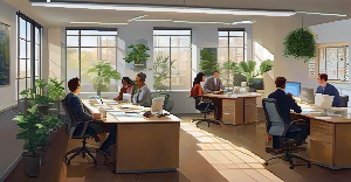 A bright office with professionals of diverse backgrounds working together at a table, surrounded by plants and motivational quotes on the walls.