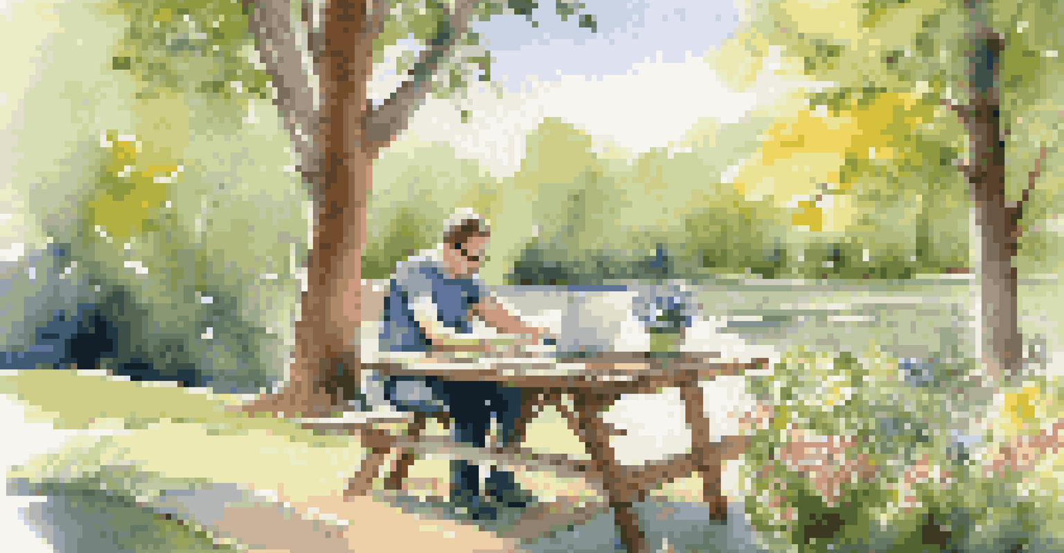 A remote employee working on a laptop at a picnic table in a sunny outdoor setting surrounded by nature.