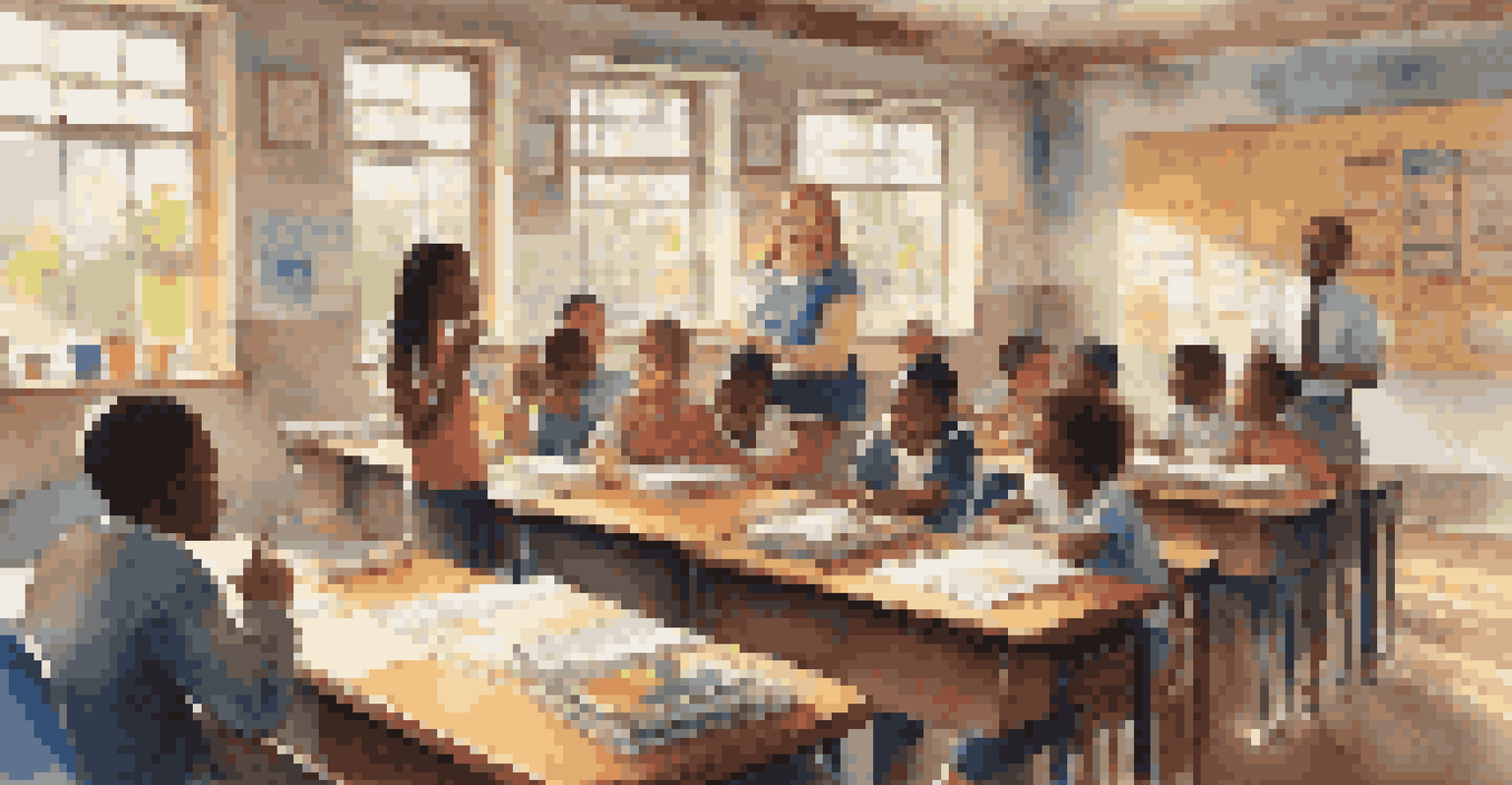 A teacher interacting with students in a colorful classroom filled with educational materials and natural light.