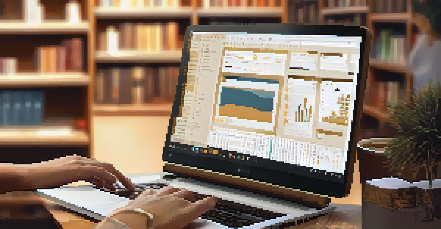 Close-up of hands typing on a laptop with data analytics on the screen, surrounded by bookshelves filled with technology books.