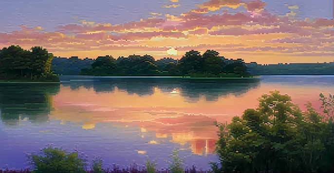 A peaceful lake at sunset with vibrant colors reflecting on the water and surrounded by greenery.