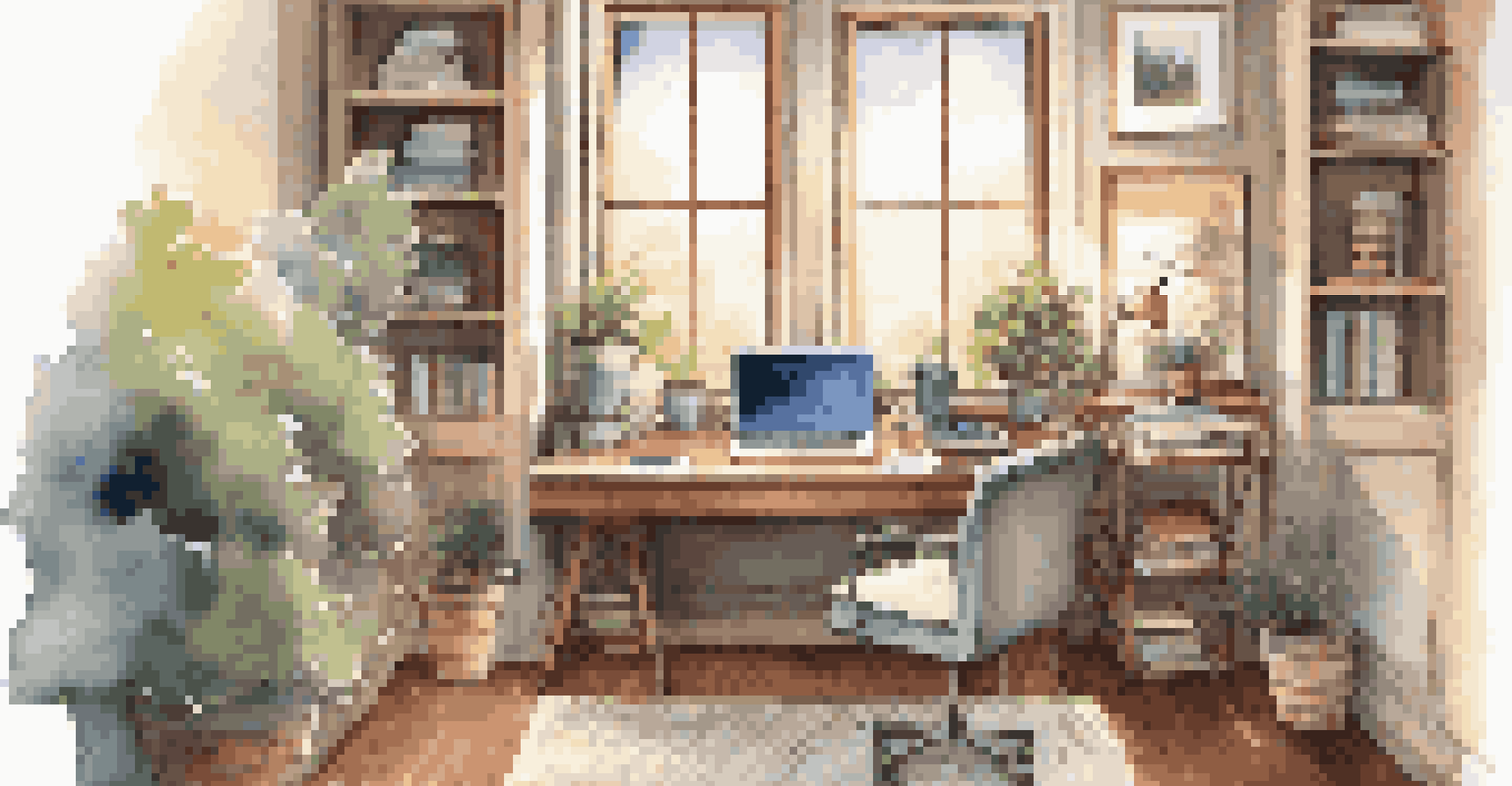 A comfortable home office with a laptop on the desk, cozy armchair, and warm lighting, overlooking a serene outdoor view.