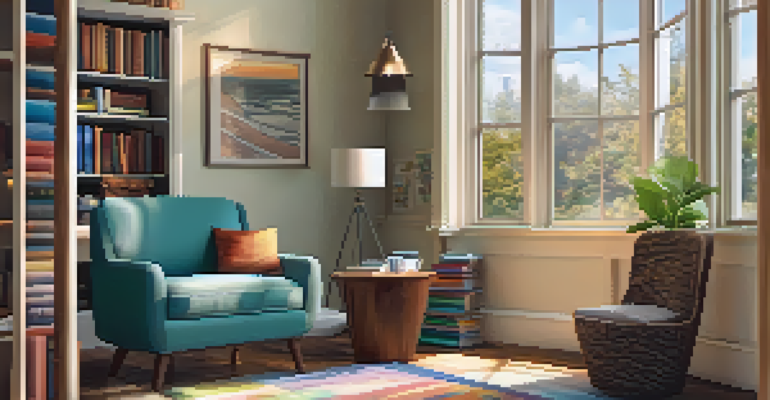 A cozy study nook with bookshelves, an armchair, and a cup of coffee in a well-lit room.