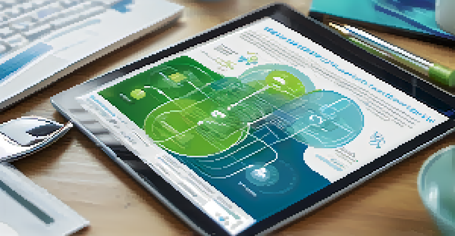 A digital mind mapping tool on a tablet, displaying networking opportunities for a career in renewable energy with a blurred office background.