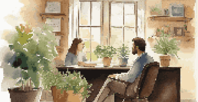 A cozy office with a coach and client engaged in an individual coaching session, surrounded by warm light and motivational decor.