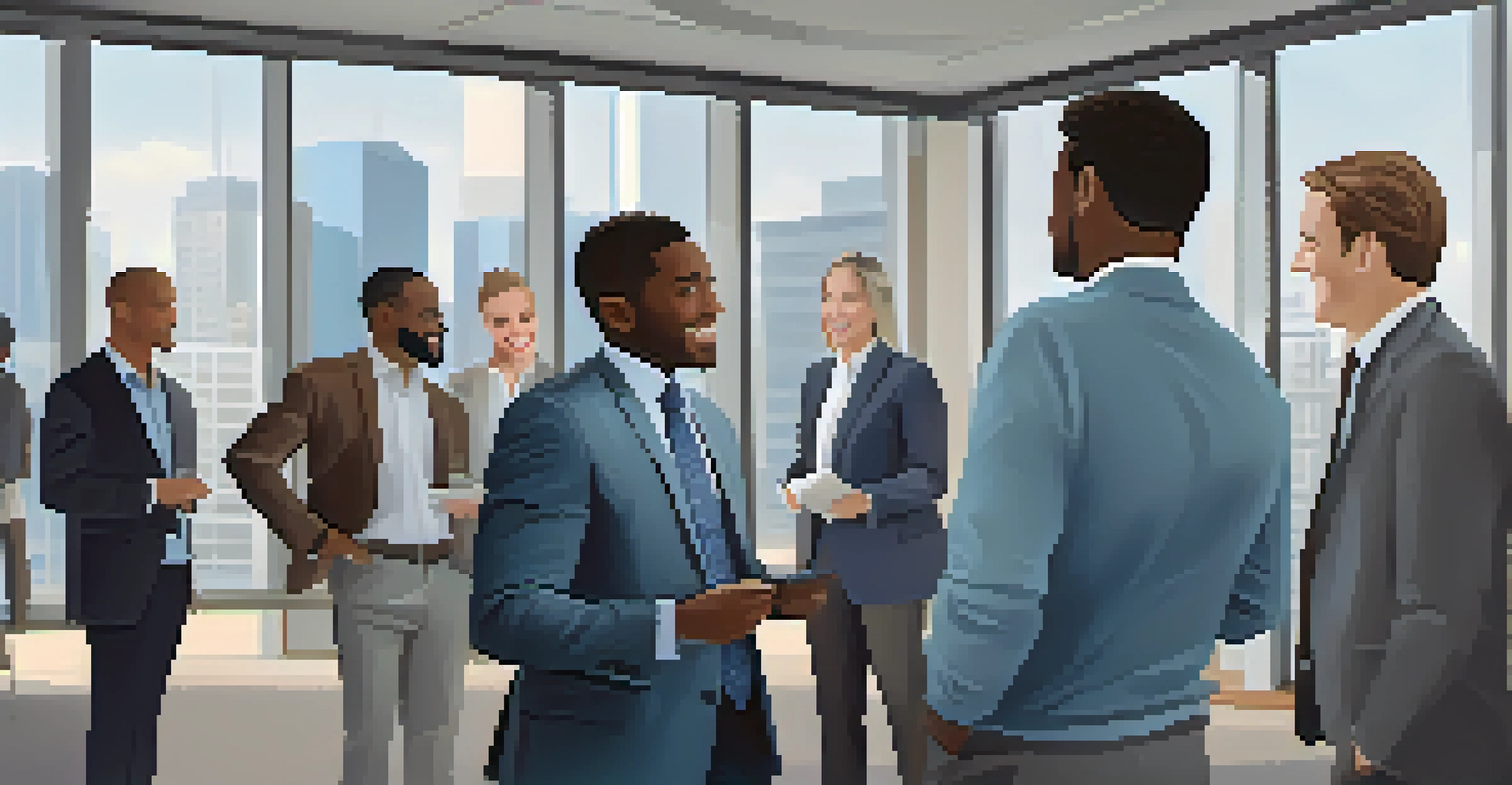 A diverse group of professionals networking in a modern conference room.