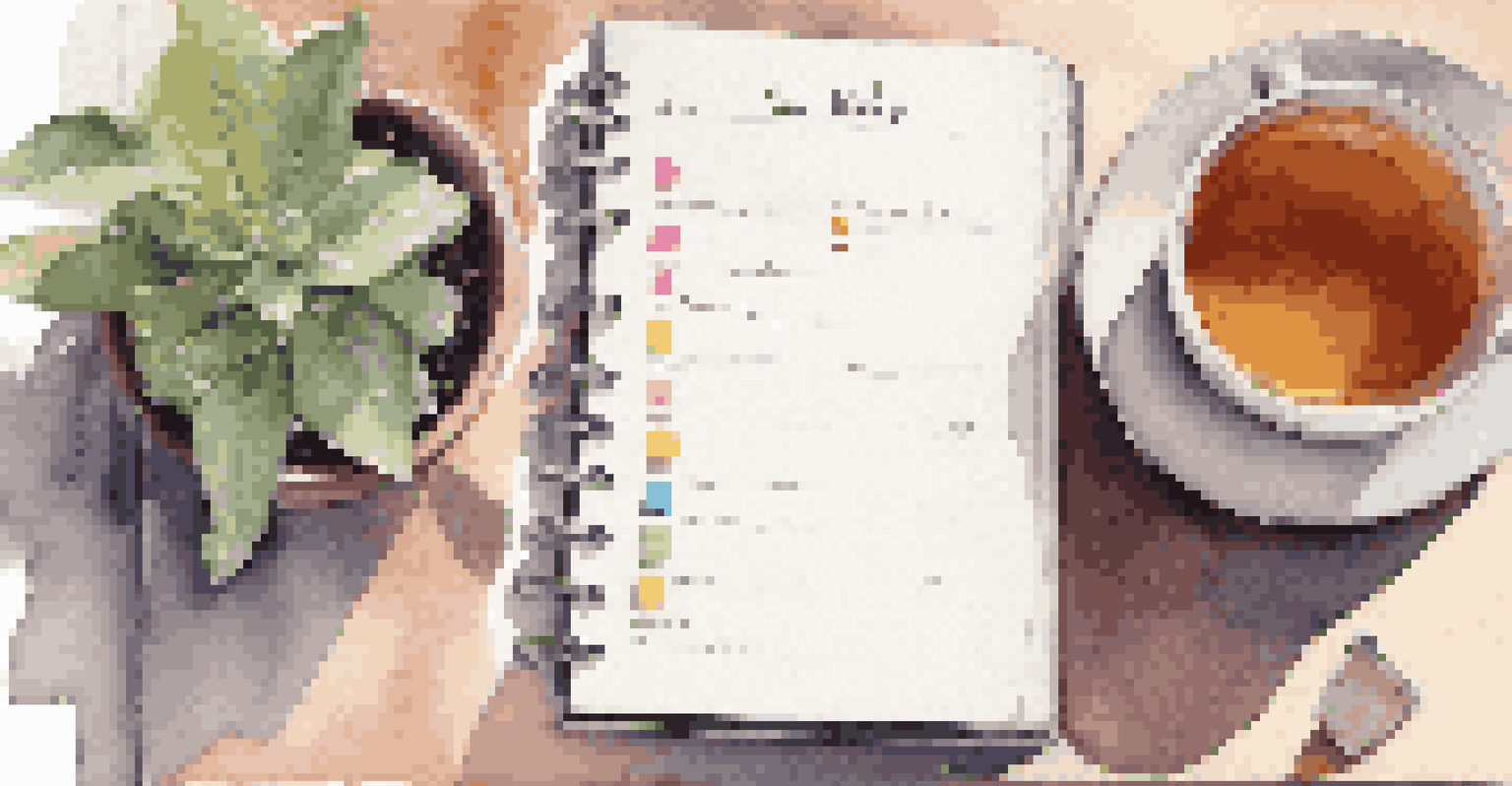 A close-up of an open planner filled with schedules and colorful sticky notes, next to a cup of herbal tea and a small potted plant, in soft afternoon light.
