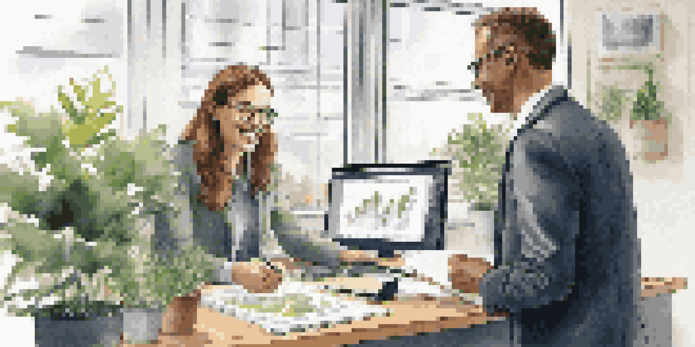 A young professional discussing with a mentor in a bright office, with a laptop displaying charts and plants in the background.