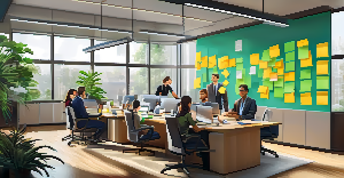 A diverse team of professionals engaged in a brainstorming session in a modern conference room filled with natural light.