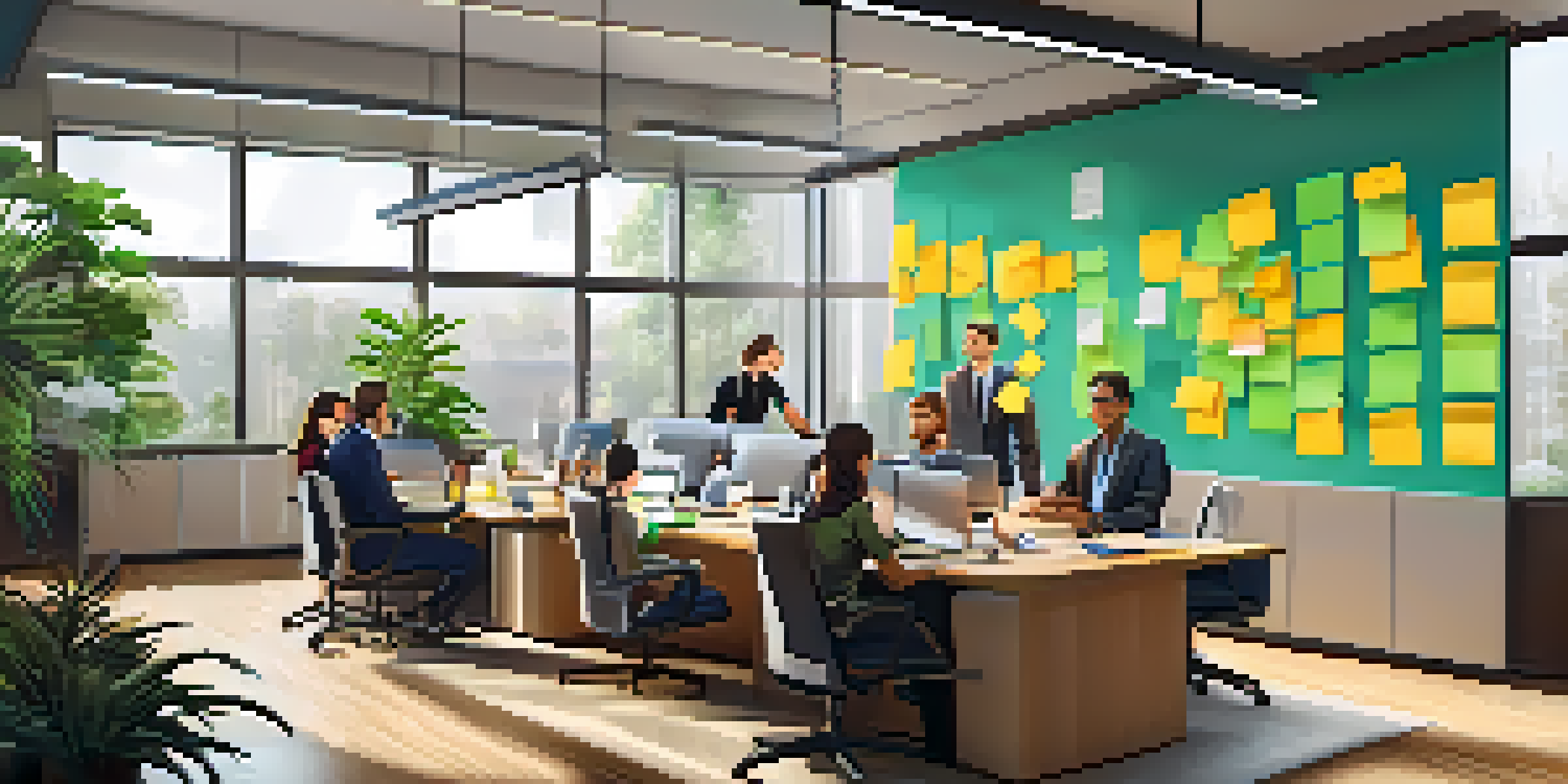 A diverse team of professionals engaged in a brainstorming session in a modern conference room filled with natural light.