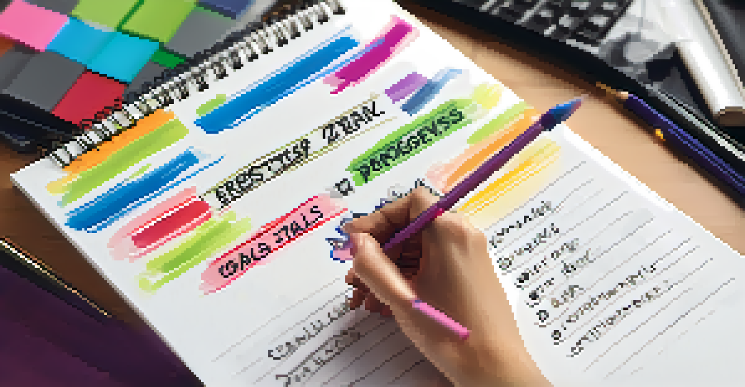 Close-up of hands writing in a personal development notebook, with a blurred office background.