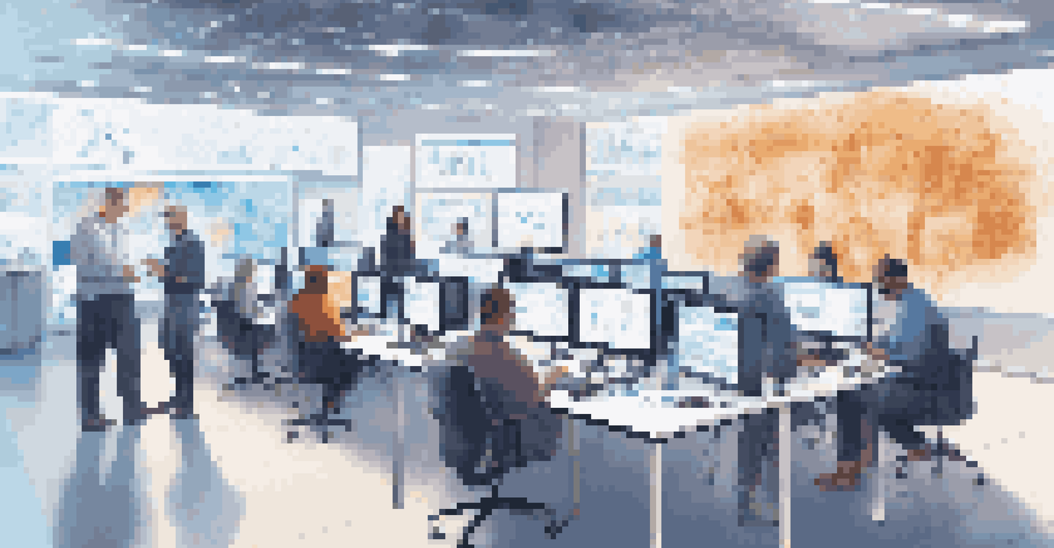 A technology lab with diverse professionals collaborating on 5G projects, featuring screens and laptops.