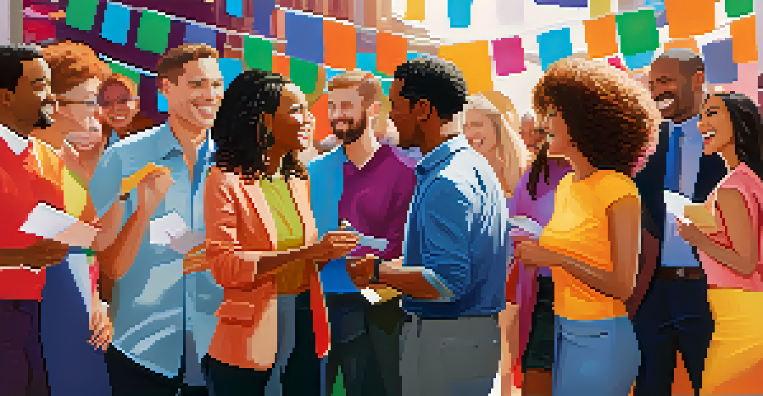 A diverse group of professionals networking at an event, sharing business cards and engaging in conversation.
