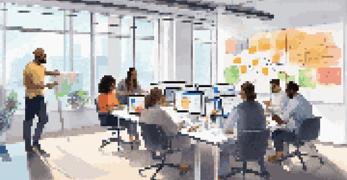 A diverse team in a bright office brainstorming together using a virtual whiteboard and project management tools.