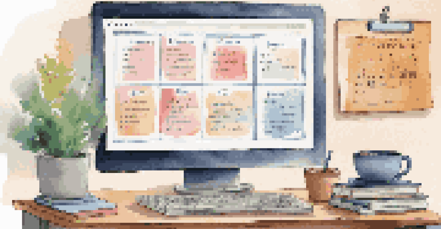 A computer screen showing an online course module with notebooks and highlighters, set in a motivational study space.