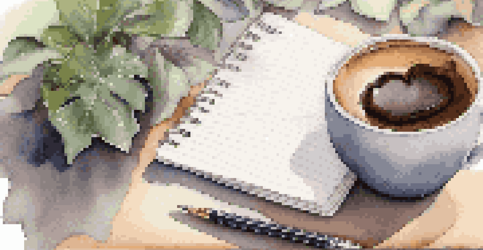A close-up of a notebook with written accomplishments, a cup of coffee, and a cozy workspace in the background.