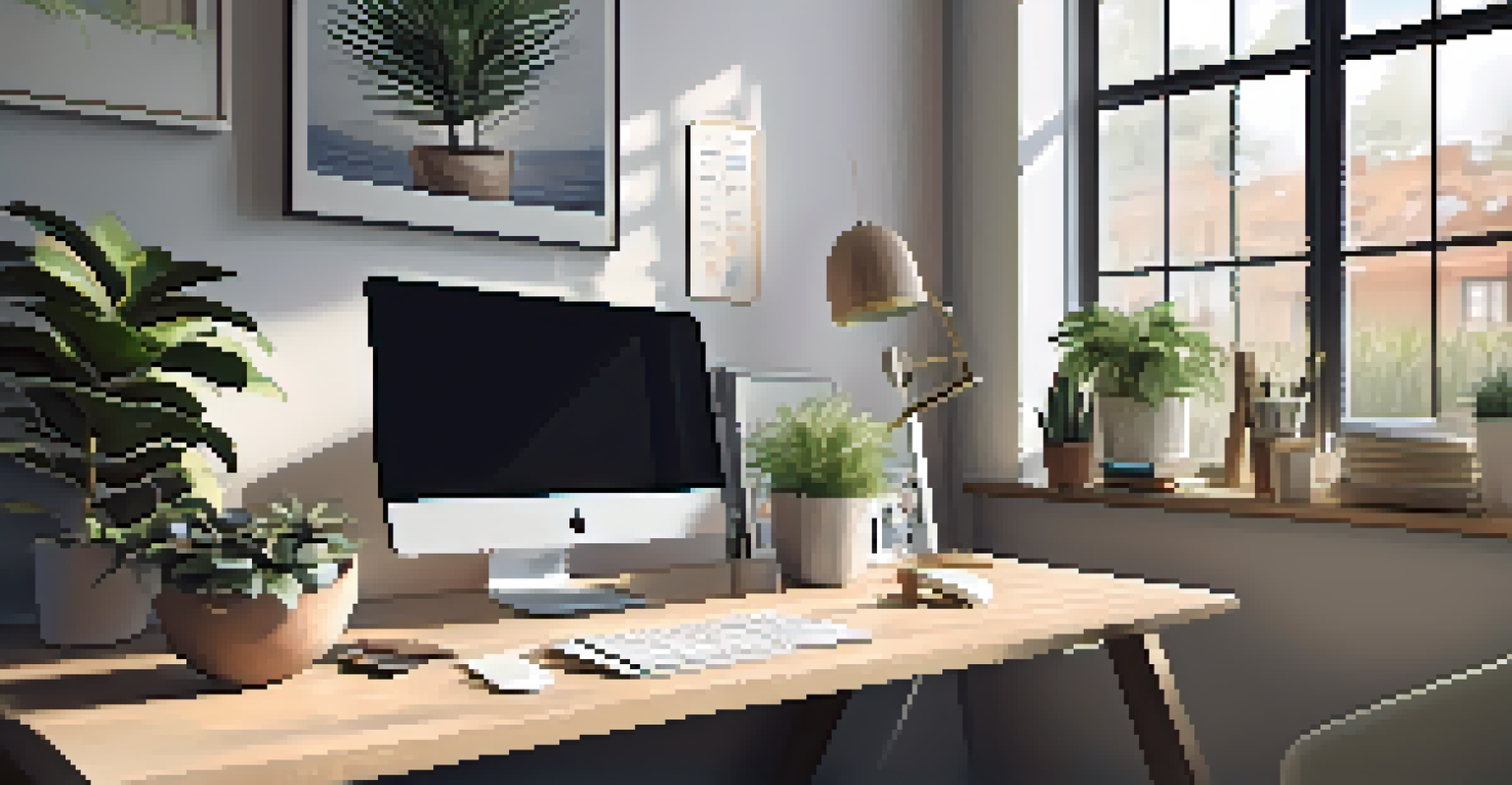A cozy home office with a desk, laptop, and plants, illuminated by natural light.