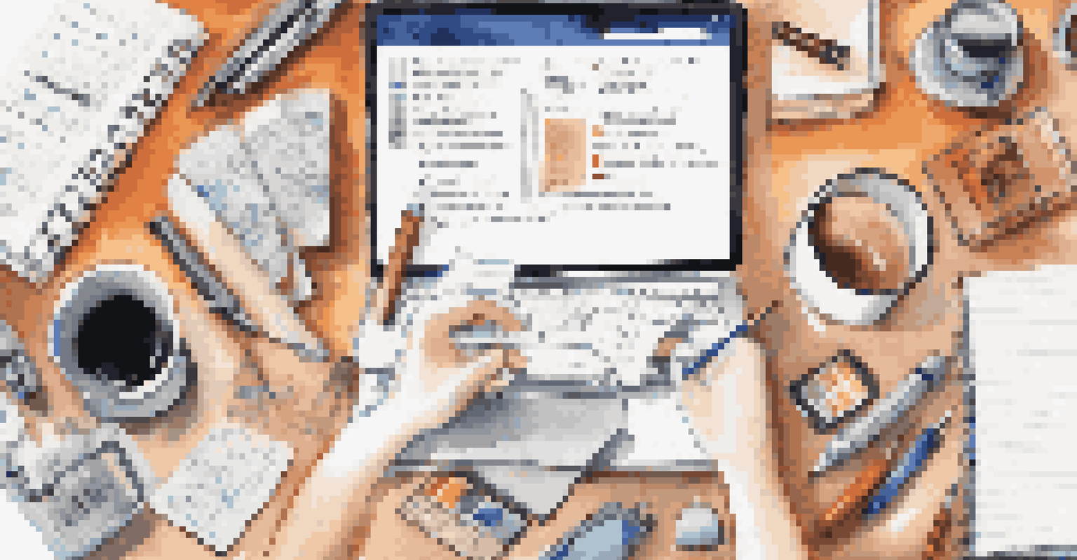 A close-up view of a person writing in a notebook, with a laptop, coffee mug, and tablet around them, showcasing a skill assessment environment.