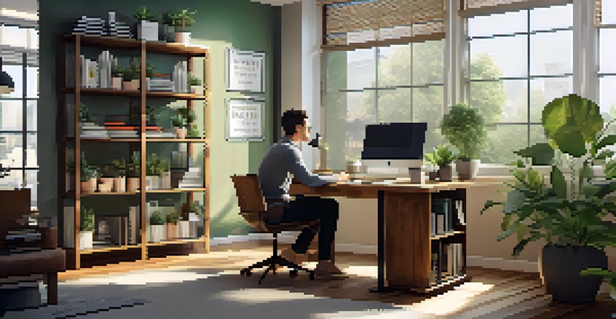 A professional learning new skills in a well-lit office, surrounded by books and a laptop.