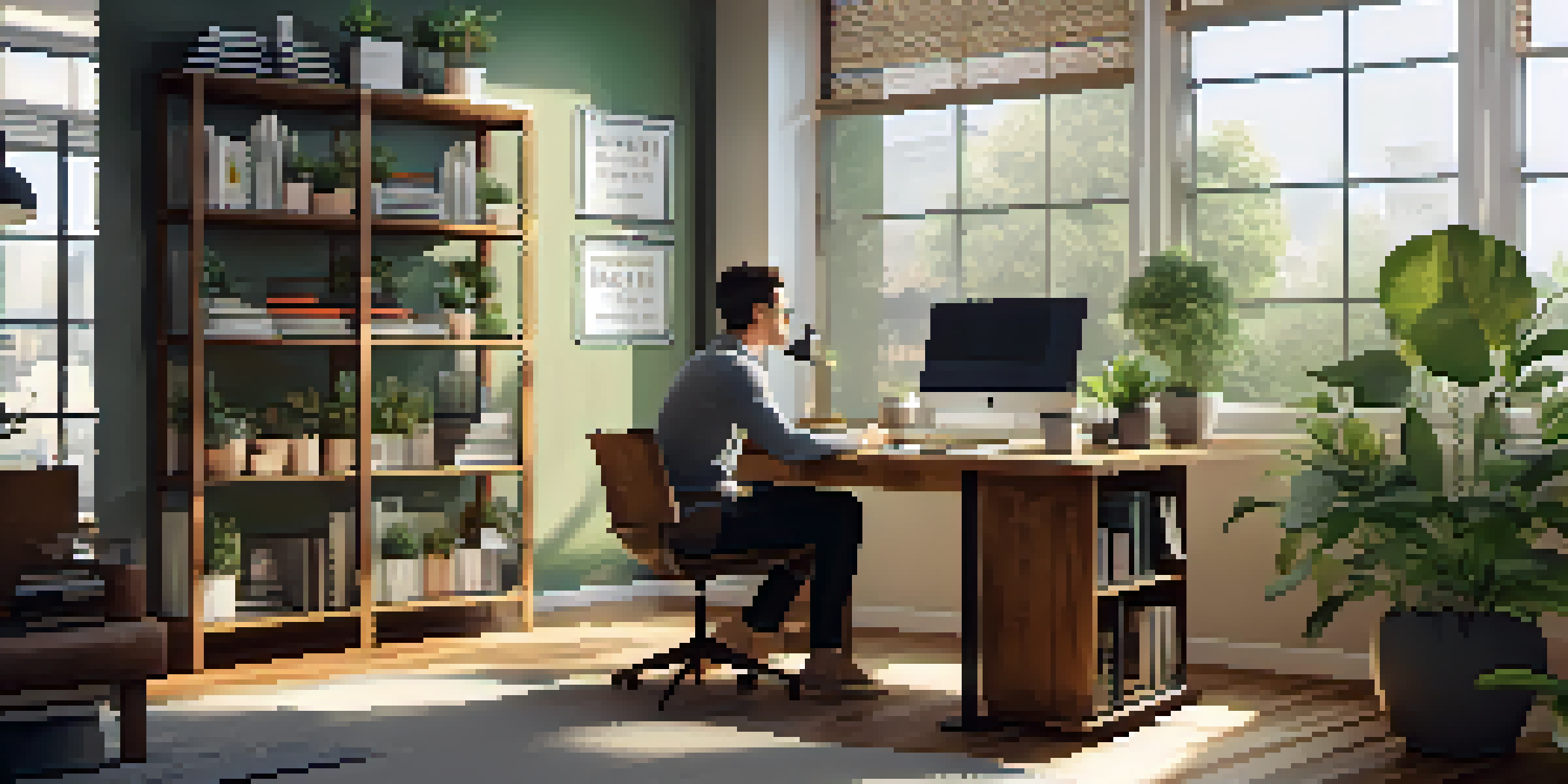 A professional learning new skills in a well-lit office, surrounded by books and a laptop.