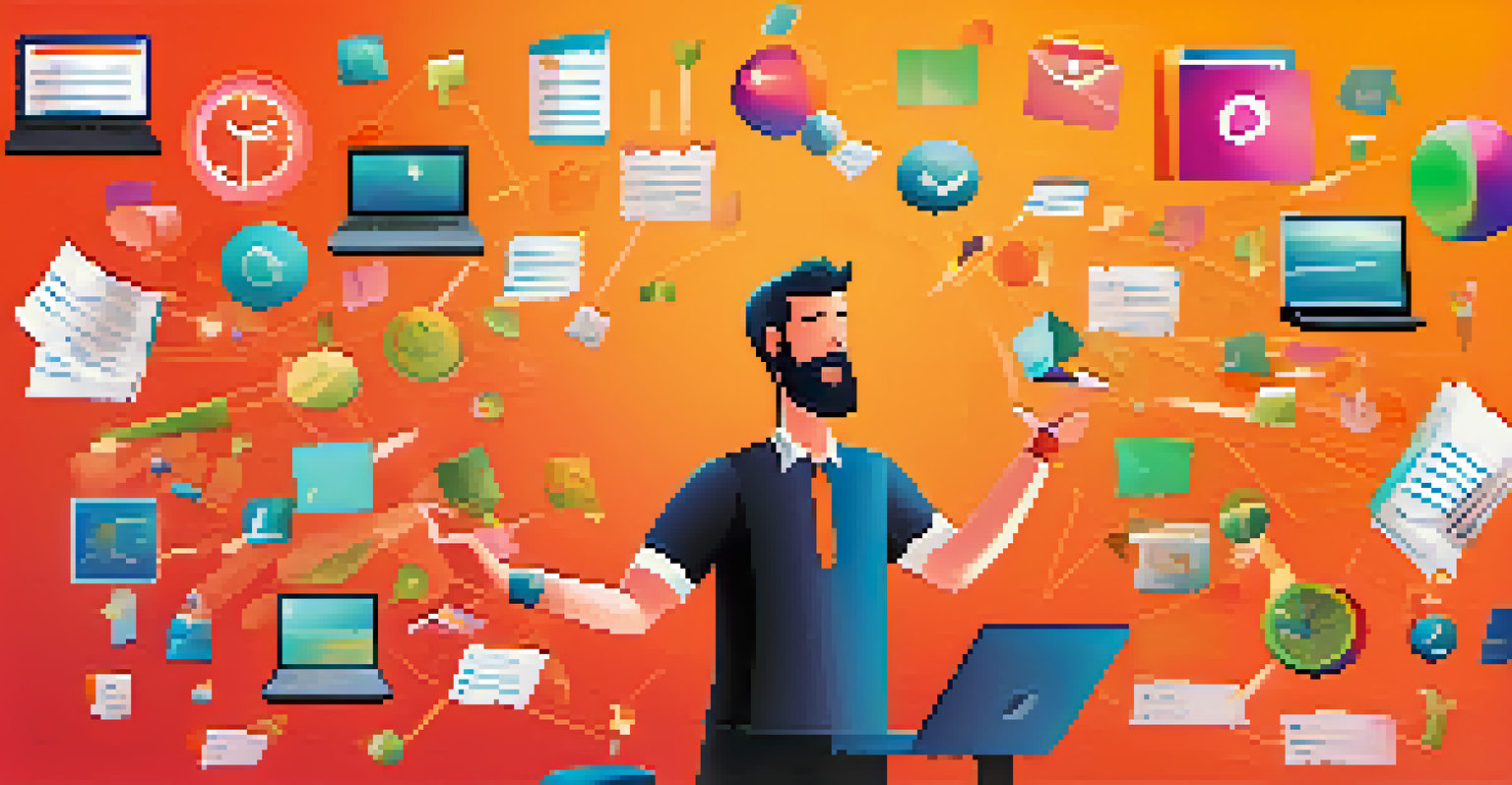 A young professional juggling various task symbols, representing effective time management in a vibrant background.