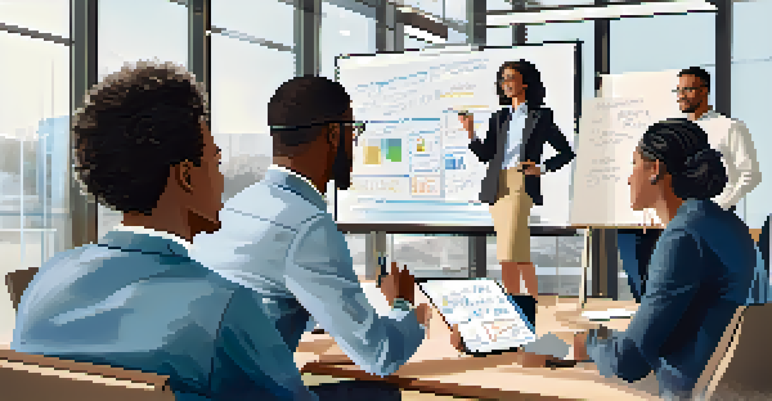 A diverse group of professionals discussing in a bright conference room after a webinar.