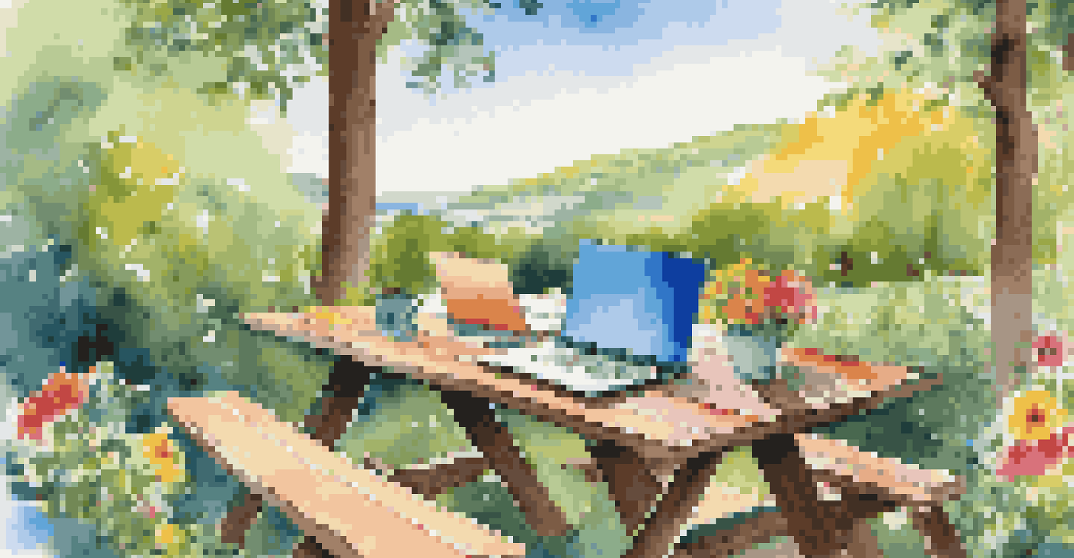 A colorful outdoor workspace with a laptop on a picnic table surrounded by flowers and greenery under a bright blue sky.