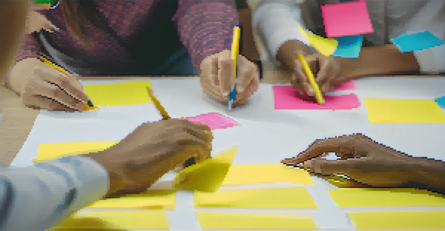 Close-up of diverse hands collaborating on a project with post-it notes and a whiteboard in the background.