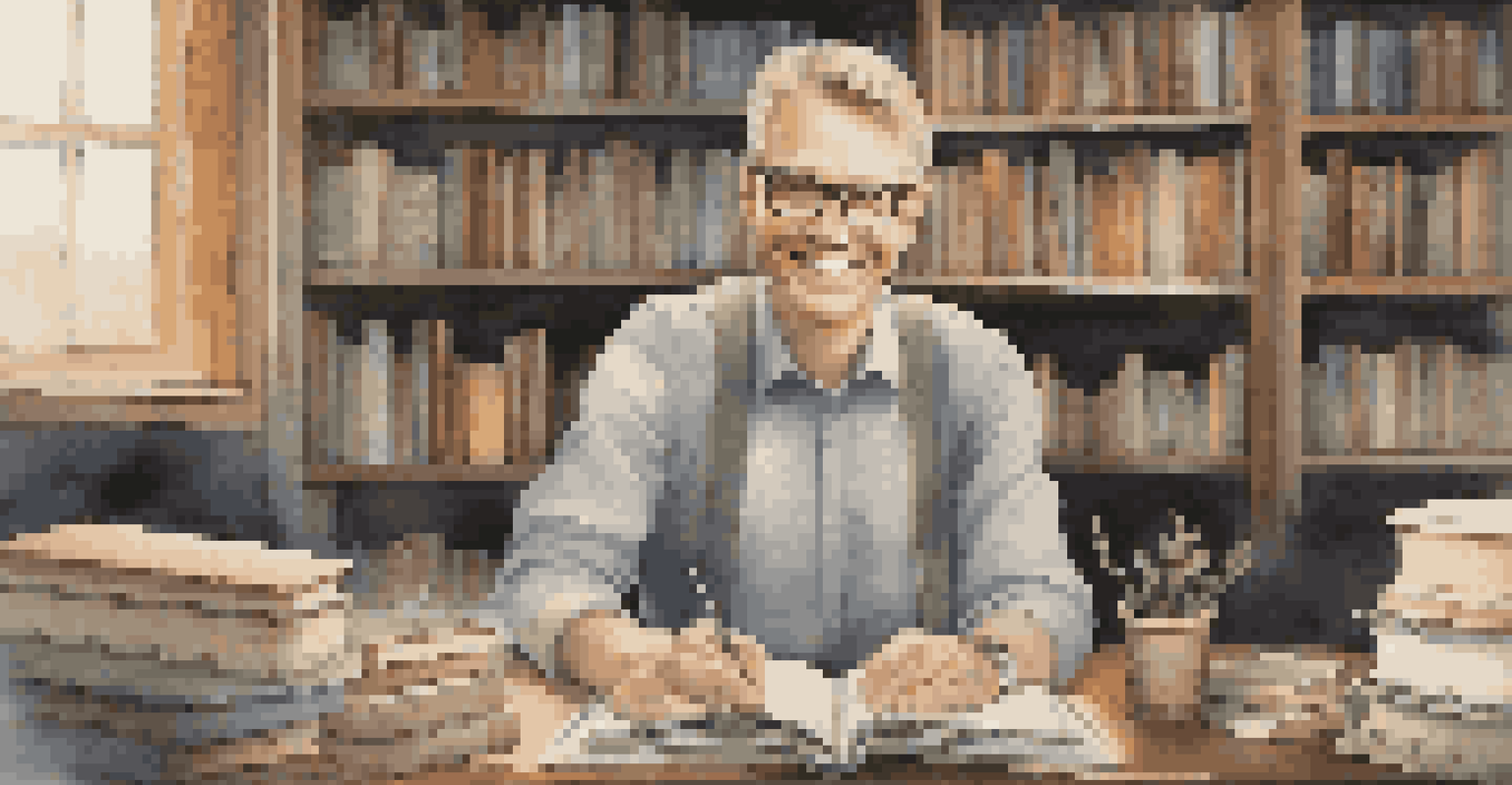 A smiling professional in front of a chalkboard filled with sustainability concepts, surrounded by books and digital devices, representing lifelong learning.