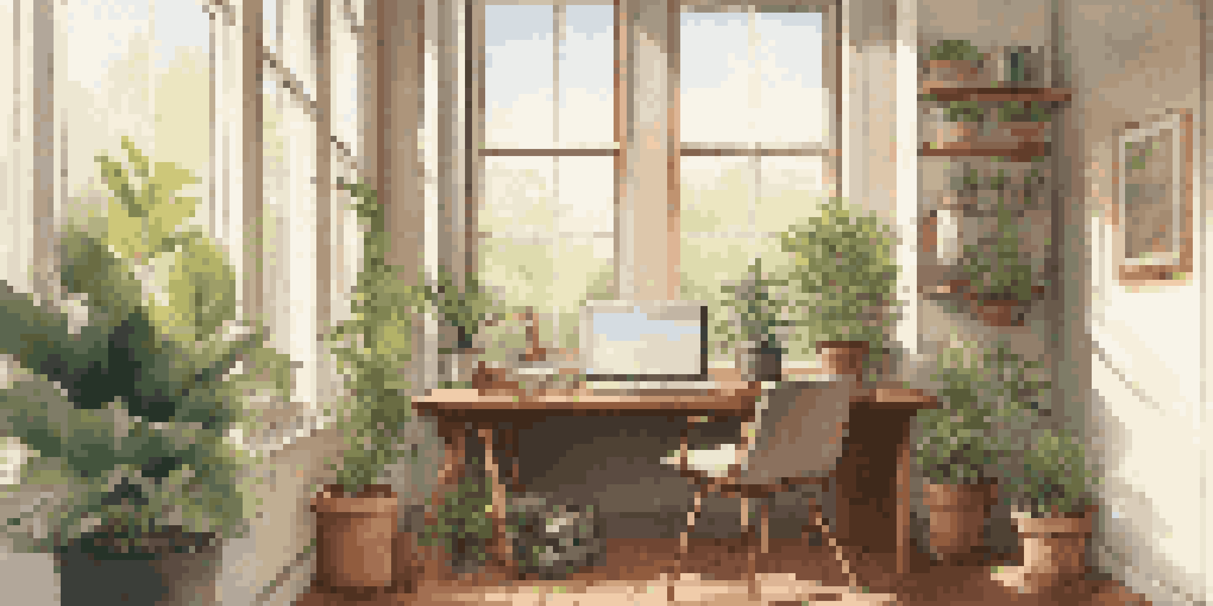 A person stretching and taking a break in a bright office with a wooden desk, laptop, and plants by the window.